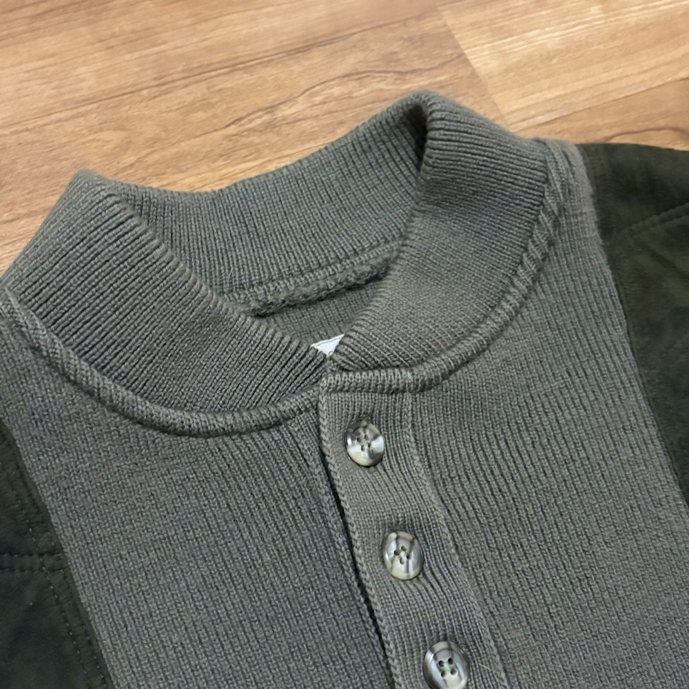 Filson Mens Peat Green Virgin Wool Shoulder Panels Henley Guide Sweater Size S/M - Picture 10 of 12